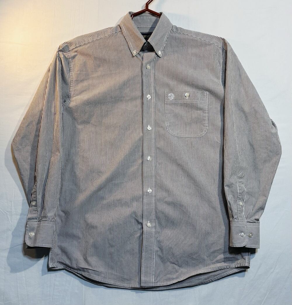 Wrangler George Strait M Brown White Stripe Button Down Shirt Long Sleeve